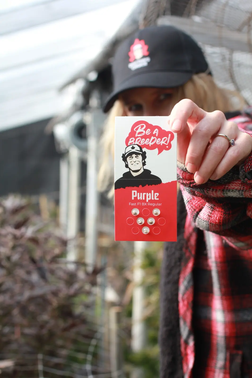 Jane holding a Purple Fast F1 BX Regular seed pack