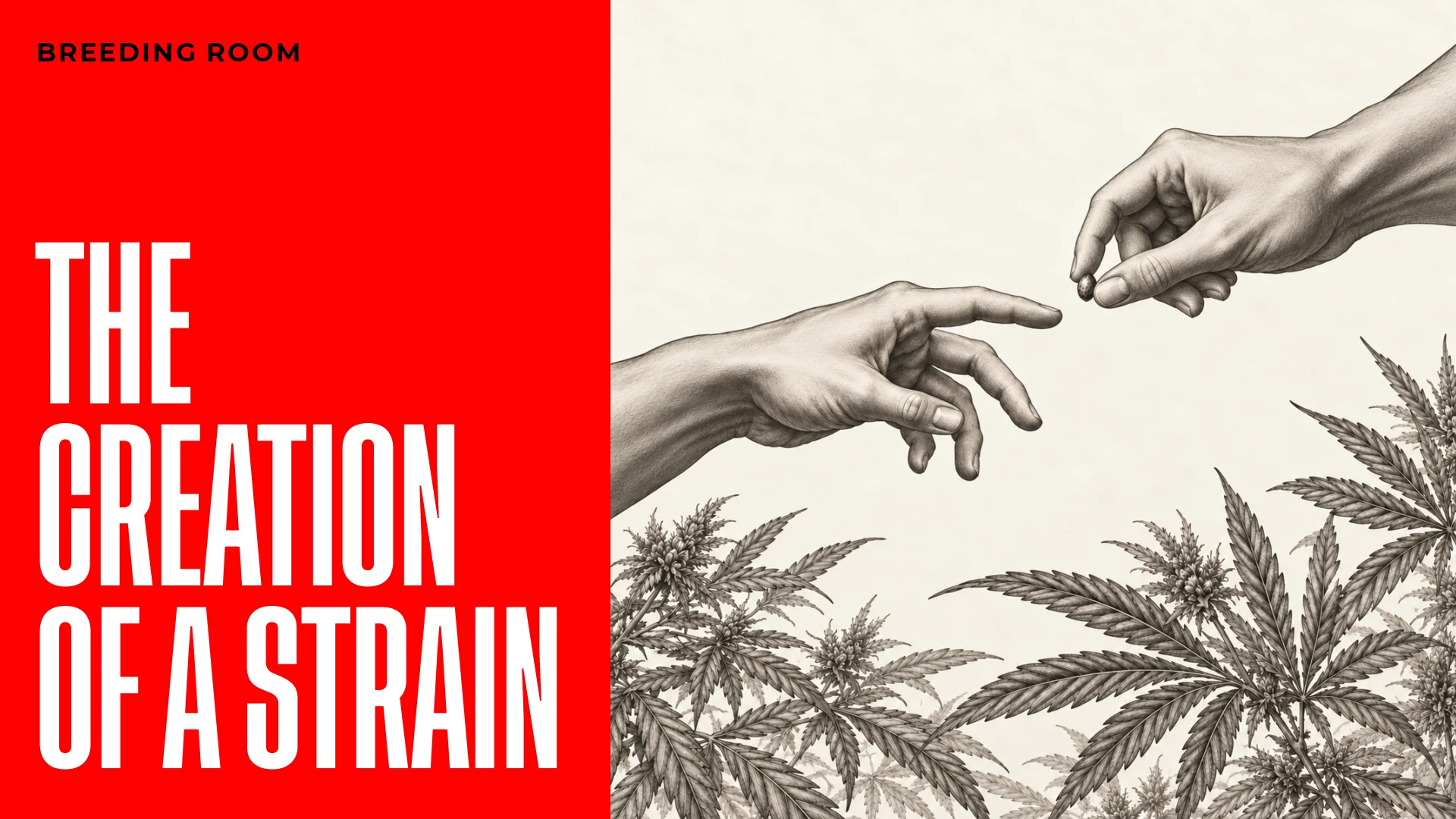 Breeding Room illustration of hands passing a cannabis seed above plants, with the words The Creation of a Strain